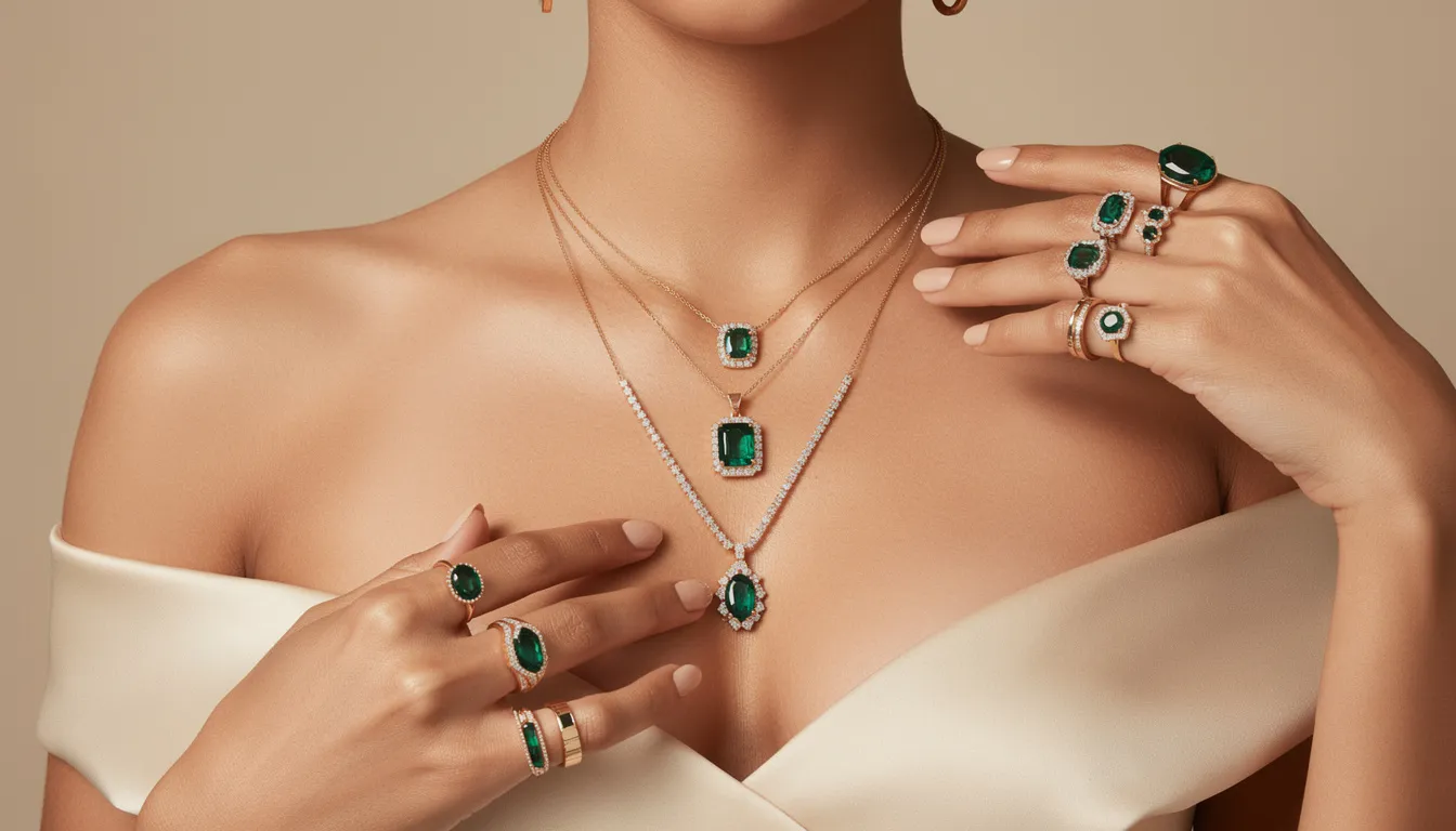 The image showcases a stylish arrangement of layered emerald jewellery on a model, featuring stacked eternity rings and layered pendant necklaces in yellow gold and white gold. This elegant jewellery collection highlights the timeless beauty of emeralds, perfect for special occasions and personal style.
