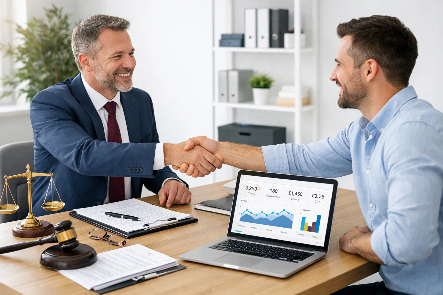 Lawyer and PPC agency expert finalising partnership after strategy meeting