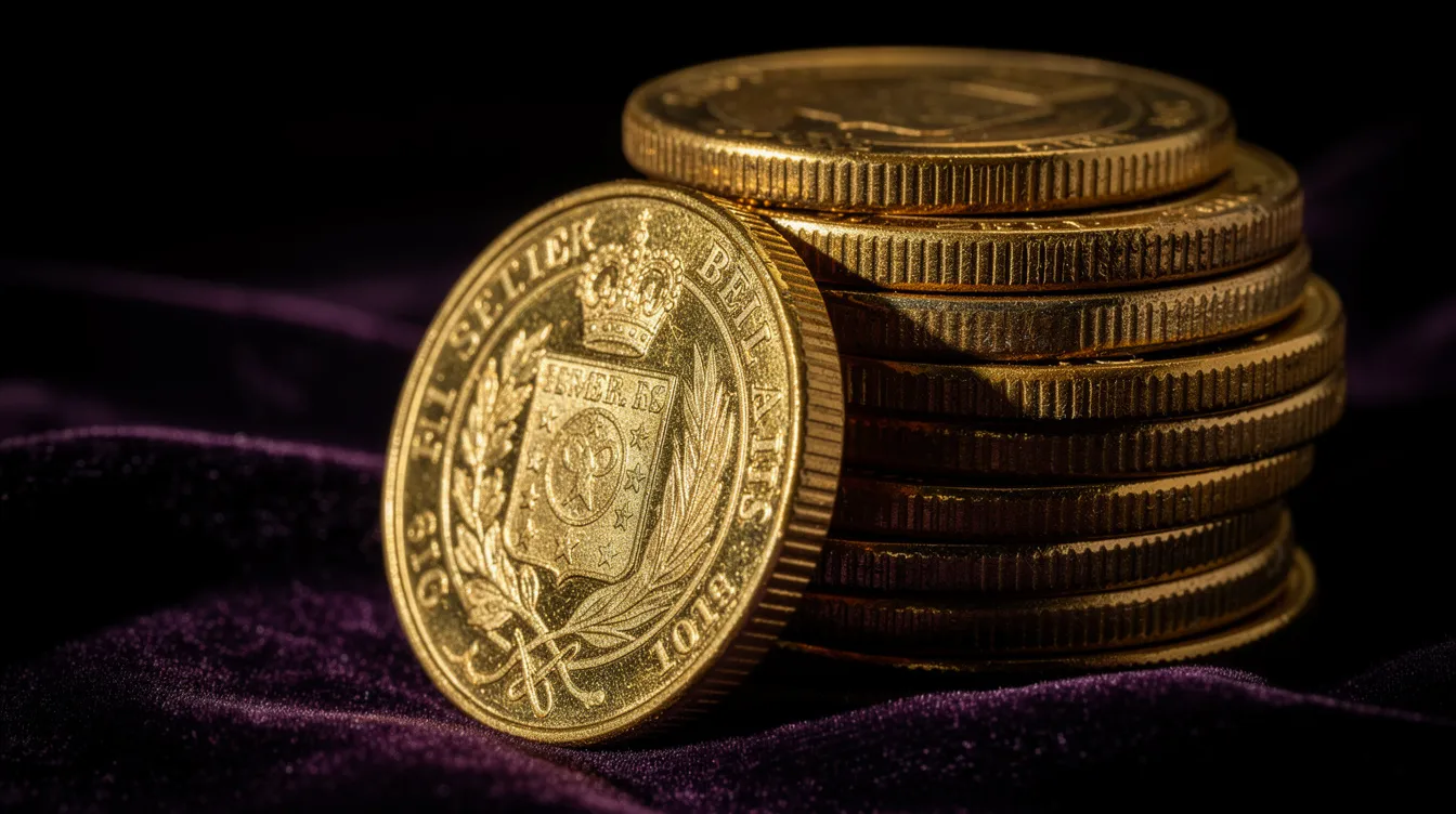 A stack of gleaming gold bullion coins rests on a dark velvet surface, showcasing their shiny, reflective surfaces that symbolize precious metals investments. This image highlights the allure of physical gold as a valuable asset in the precious metals market, often considered for retirement savings and investment strategies.