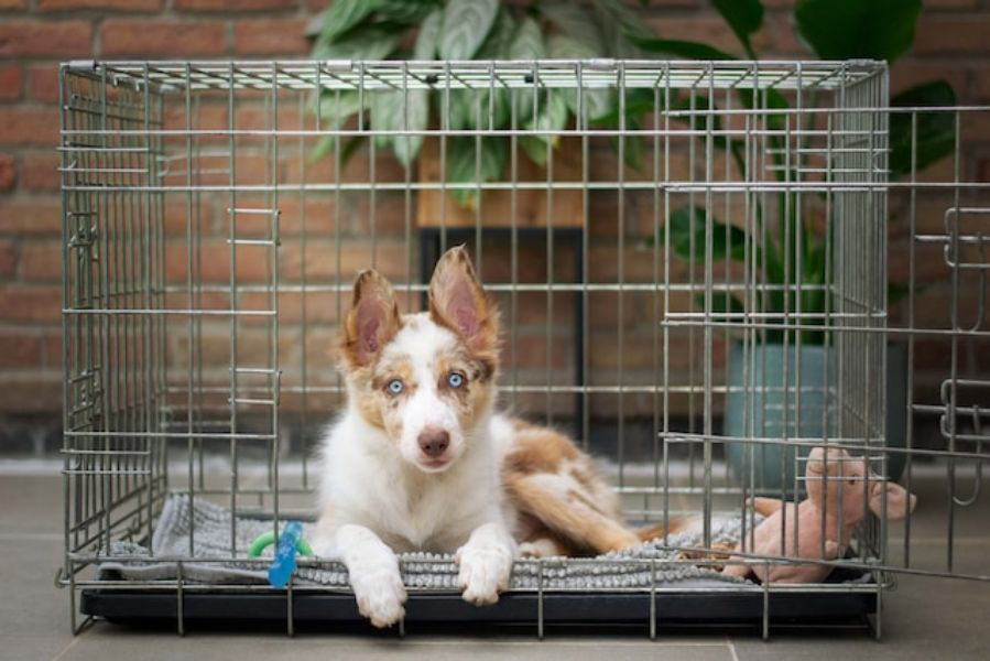 Brown And White Dog Inside Crate