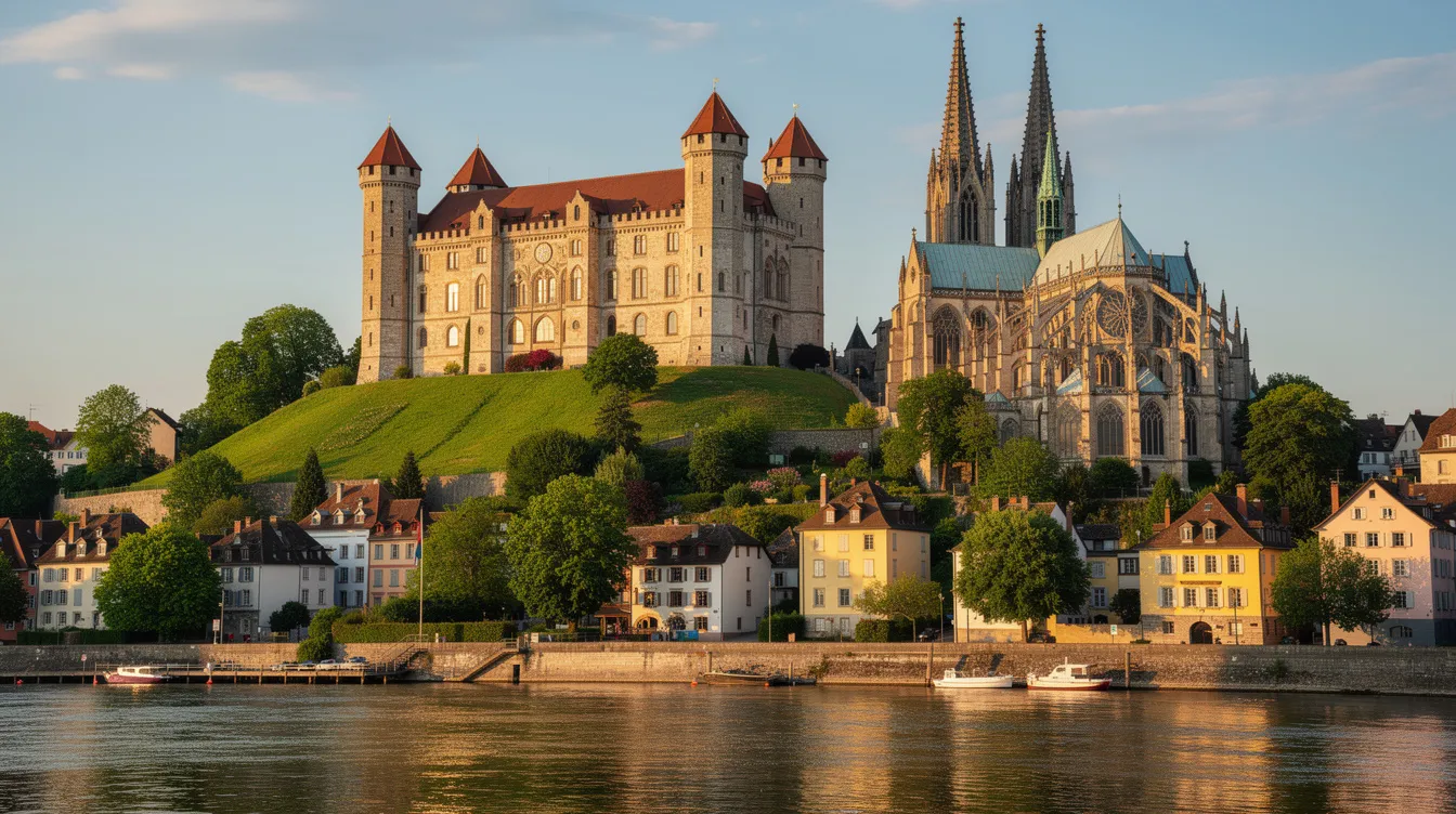 A imagem retrata uma colina majestosa com um castelo renascentista e uma catedral à beira do rio Vístula, simbolizando a rica história de Cracóvia, na Polônia. Ao fundo, a beleza arquitetônica dos edifícios contrasta com a tranquilidade das margens do rio, criando um cenário pitoresco que reflete a importância cultural e histórica da cidade.