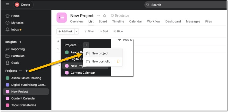 Create a new project in Asana