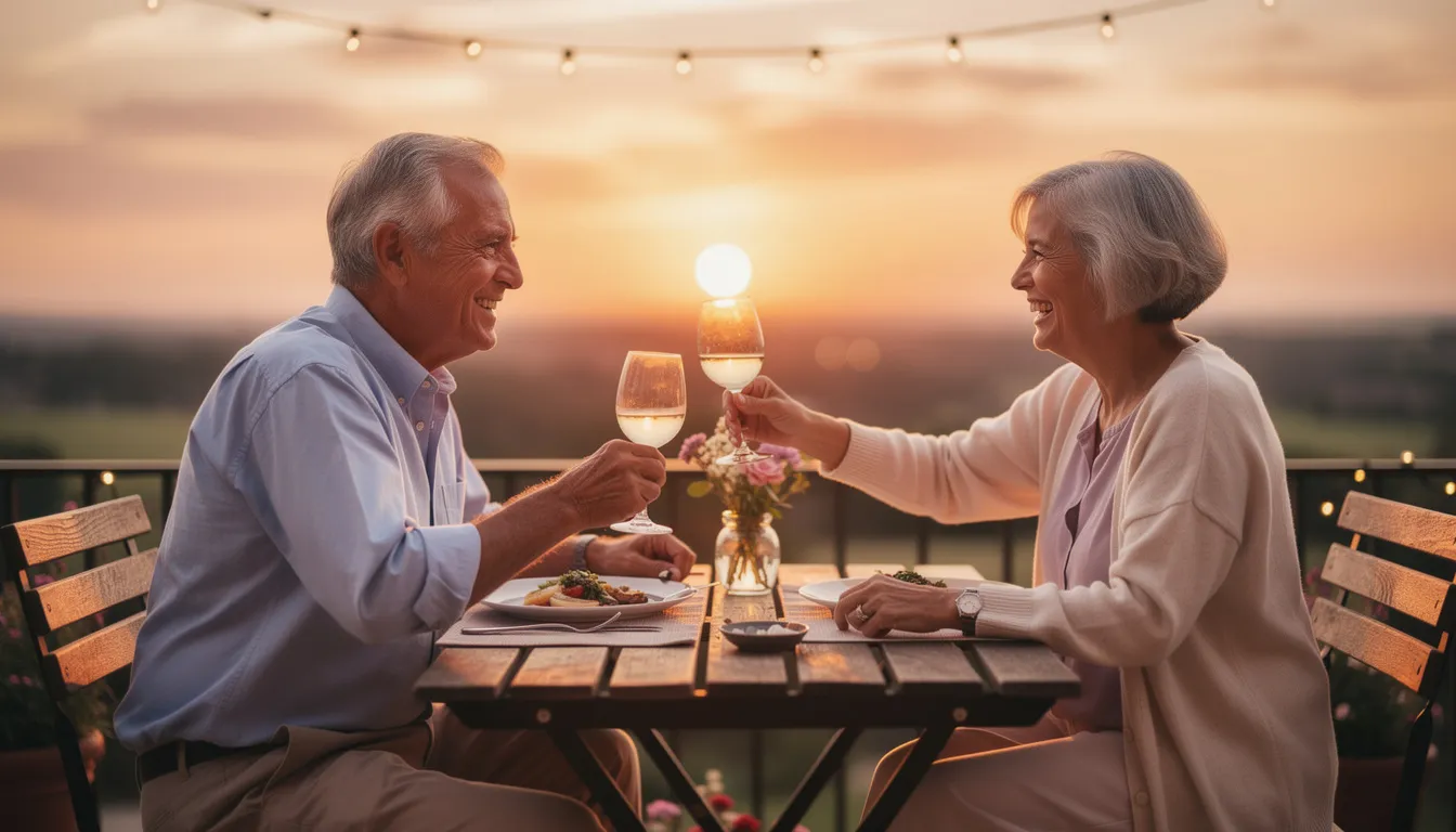 A happy retired couple is enjoying dinner together outdoors, surrounded by a breathtaking sunset, symbolizing the beginning of an exciting new chapter in their retirement life. Their joyful expressions reflect the wonderful memories and happiness that come with enjoying this well-deserved rest and the adventures that lie ahead.