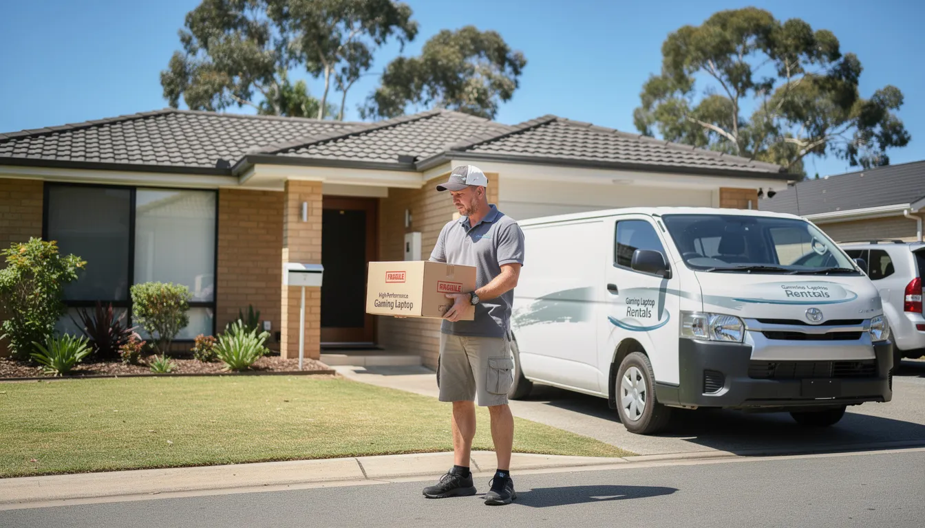 A professional delivery courier is seen handling a gaming laptop rental package in a suburban Australian setting, showcasing the convenience of flexible rental options for gamers and businesses alike. The scene highlights the importance of accessing cutting-edge technology without the significant upfront investment typically required for gaming computers.