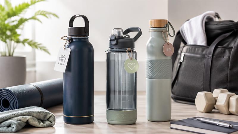 Reusable water bottles with individual name tags beside a yoga mat, towel, and gym bag