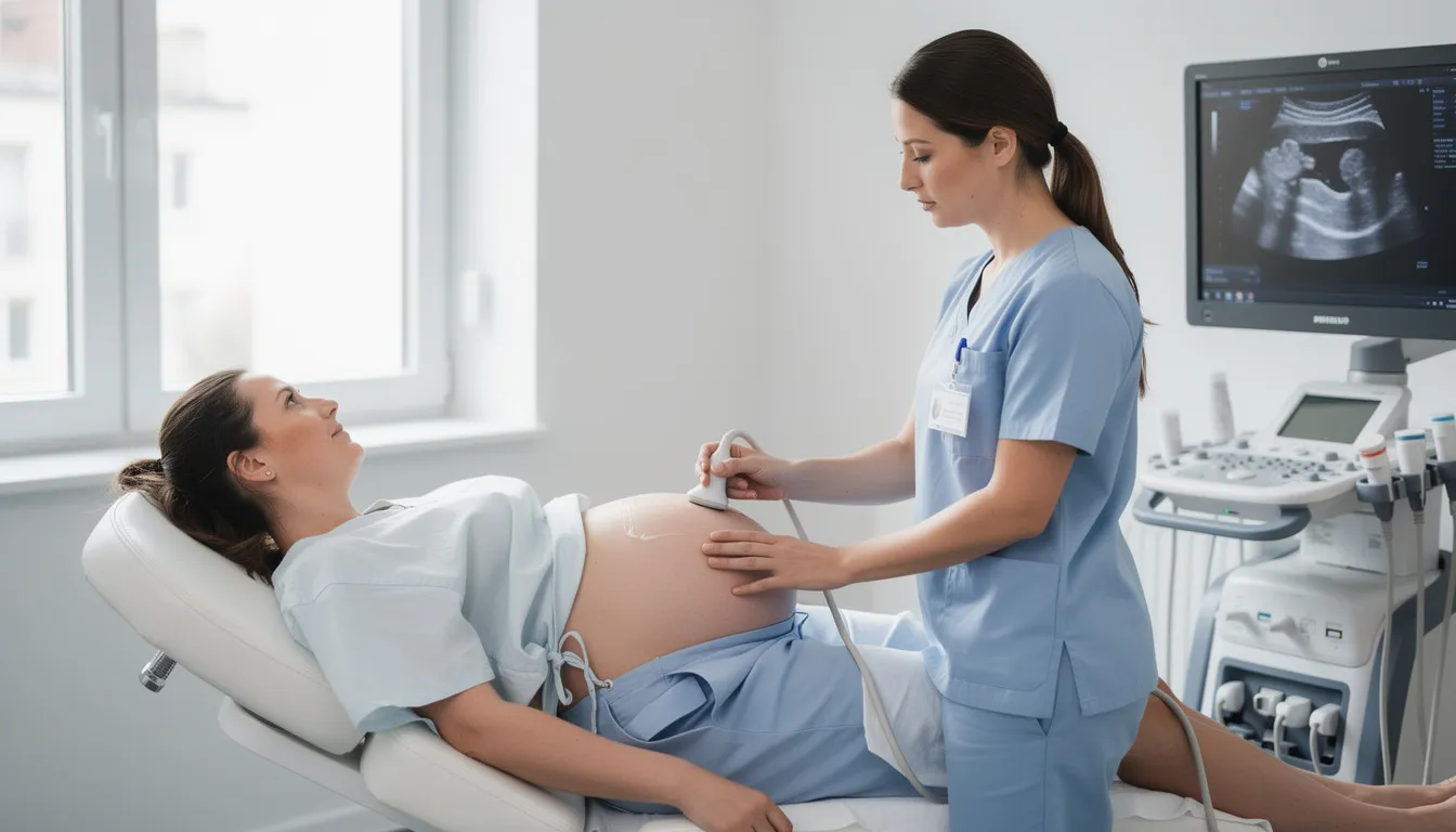 En gravid kvinna ligger på en undersökningsbänk medan vårdpersonal utför ett ultraljud på hennes mage. Undersökningen syftar till att ge information om fostrets utveckling och kan göras vid olika graviditetsveckor, som vecka 12 eller vecka 18.