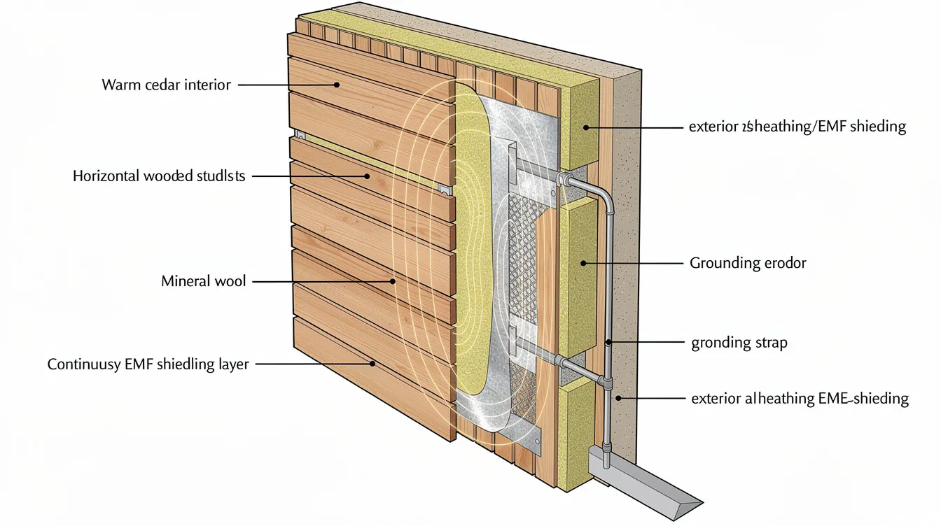 The image depicts a cross-section view of sauna wall construction that incorporates EMF shielding materials, highlighting layers designed to reduce EMF exposure while utilizing infrared heaters. This design aims to provide a safe and therapeutic environment for sauna sessions, promoting muscle relaxation and improved circulation without the detrimental effects of electromagnetic fields.