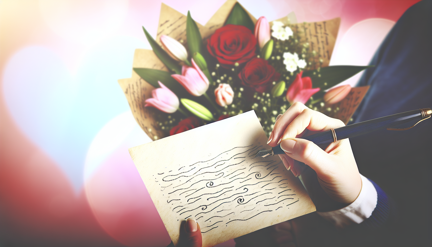 Handwritten note added to a Valentine`s Day bouquet