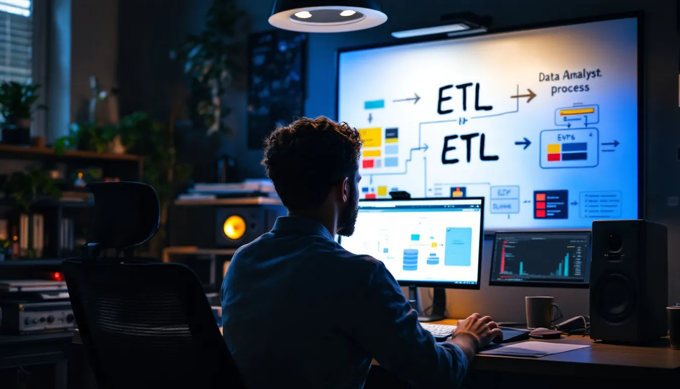 An illustration depicting the ETL (Extract, Transform, Load) process, showcasing how raw data from multiple sources is extracted, transformed into a usable format, and loaded into a data warehouse for analysis. This image highlights the importance of data integration and management in creating a unified data platform for business operations.