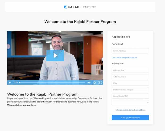 Kajabi partner program signup page, with the tutorial video showing