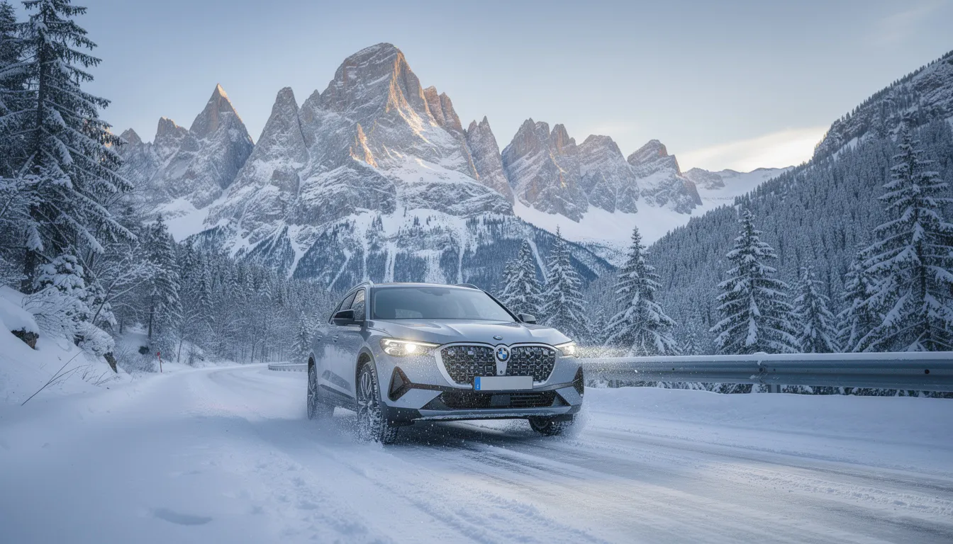 Un SUV robuste circule sur une route de montagne enneigée, entouré de paysages alpins majestueux. Ce véhicule utilitaire est idéal pour les aventures hivernales, offrant à ses occupants une expérience de conduite sécurisée et confortable.