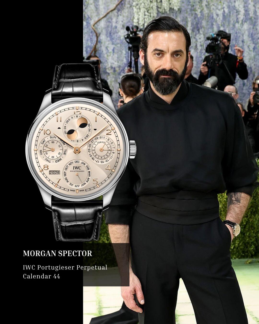 Morgan Spector memakai IWC Portugieser Perpetual Calendar 44 IW503704 di Met Gala 2026 dengan case white gold dan dial Dune.