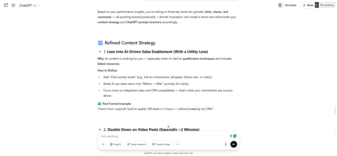 ChatGPT analysis showing content performance insights and recommendations for strategy refinement