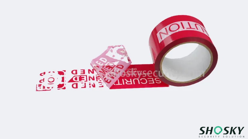 Security tape unrolled, exposing tamper-evident warning text