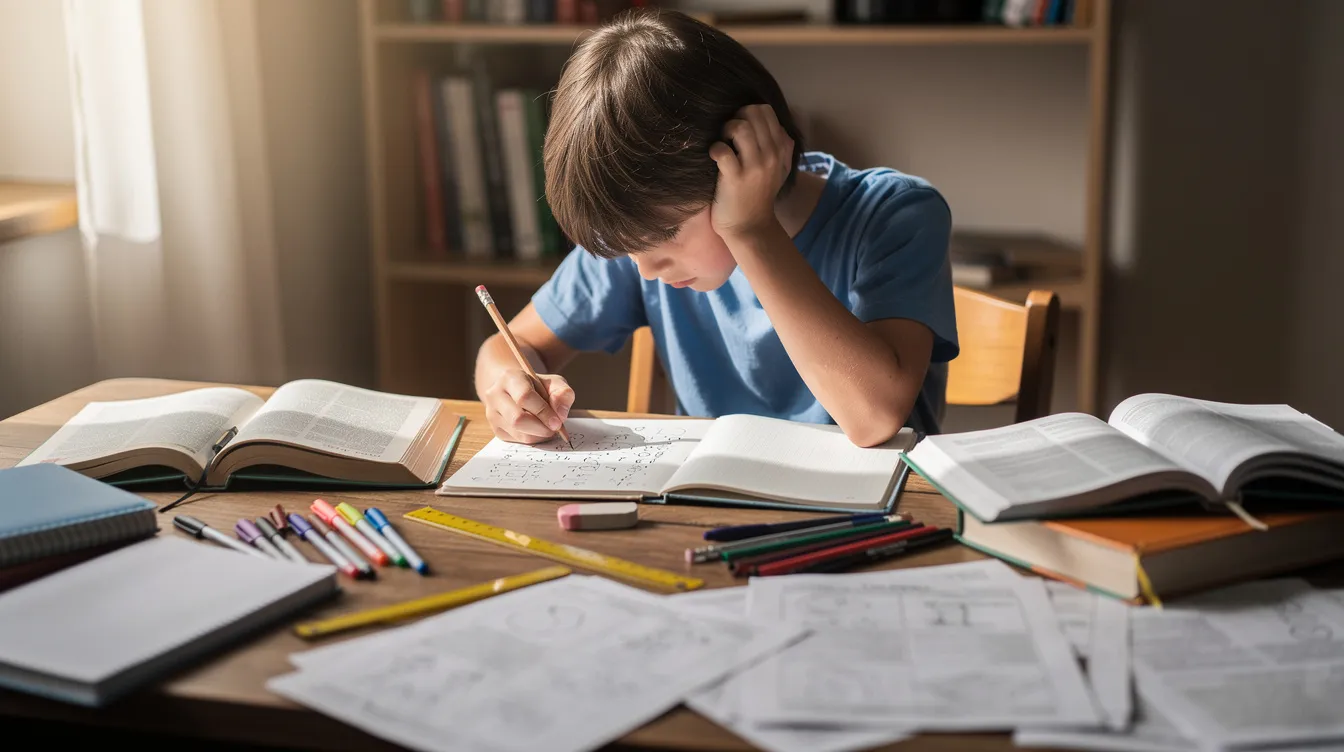 A tired child sits at a desk surrounded by open textbooks and worksheets, resting their head on one hand, reflecting the struggle many students face in their learning process amidst multiple tuition sessions. This scene highlights the emotional well-being and mental health challenges that can arise from the pressure of academic performance and rote learning.