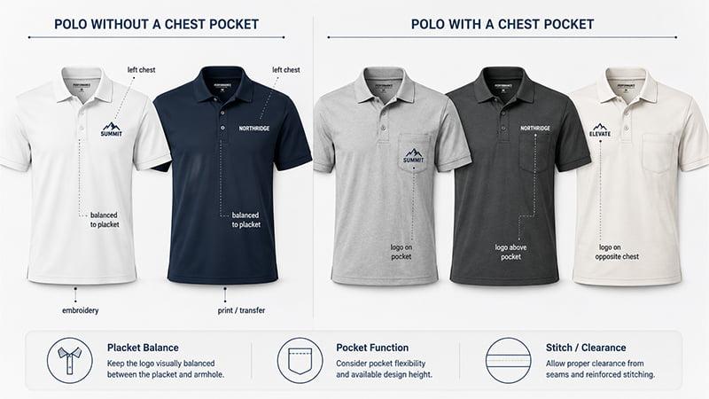 Polo shirt logo placement options with and without a chest pocket