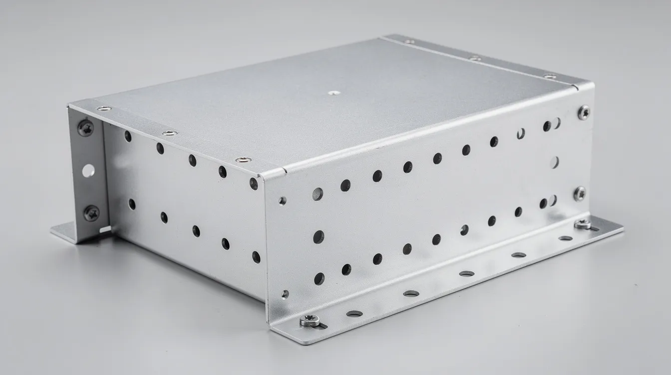 The image depicts a finished bent sheet metal electronics enclosure featuring multiple flanges and mounting holes, showcasing high precision in the metal fabrication process. This enclosure highlights various metal bending techniques, ensuring optimal shape and functionality for electronic components.