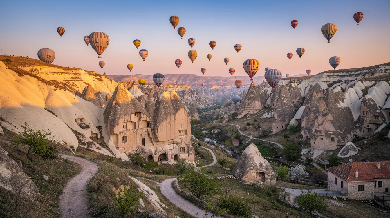 A imagem retrata o Vale Soganli, na Capadócia, com balões coloridos flutuando sobre as impressionantes formações rochosas conhecidas como chaminés de fada. Ao fundo, é possível ver as paisagens únicas da região, criando um cenário mágico para os turistas que visitam este destino na Anatólia Central.