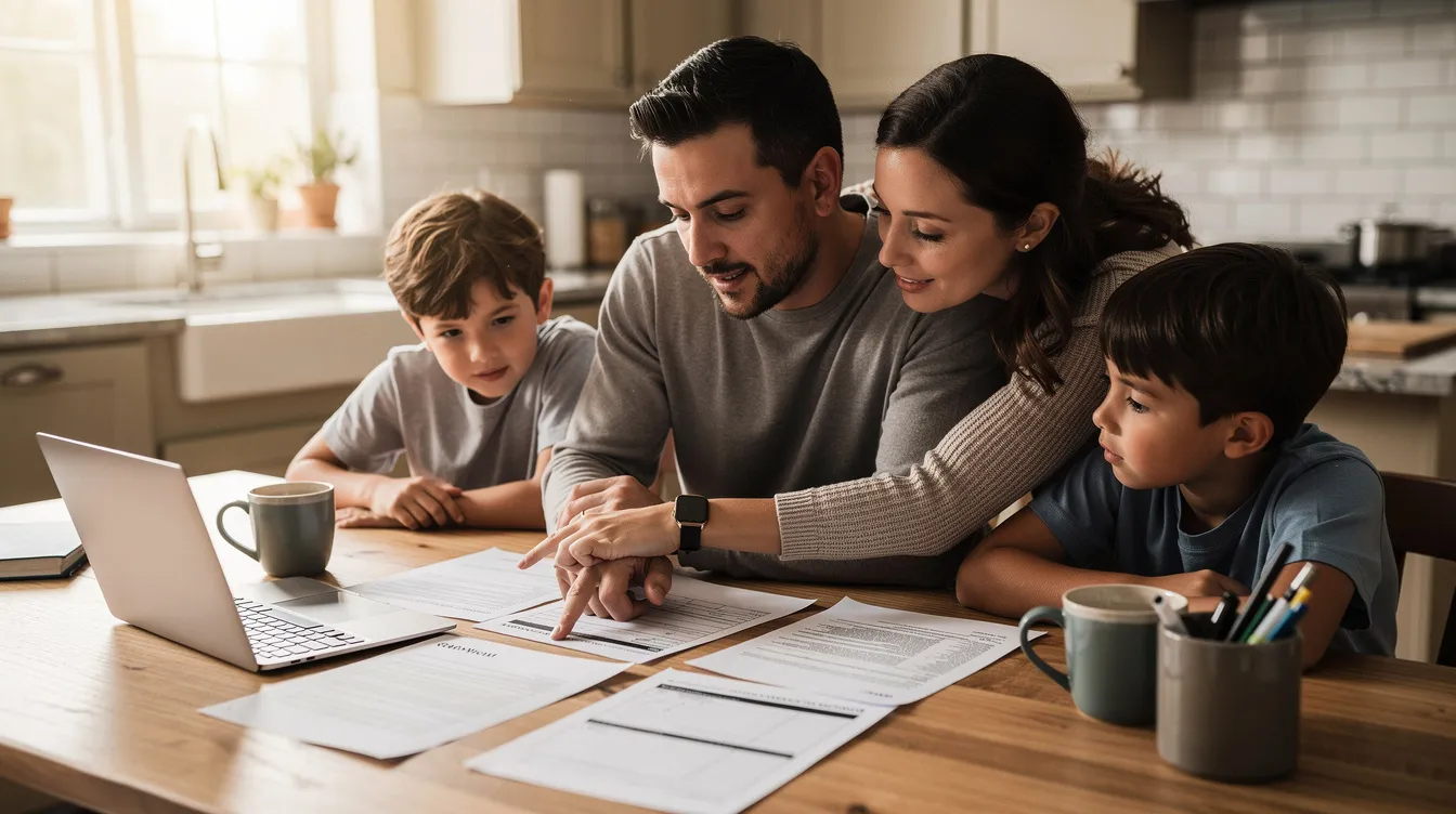 A family is gathered around a kitchen table, reviewing paperwork related to their teen driver's recent car accident. They appear focused and concerned as they discuss insurance coverage, medical bills, and the implications of traffic laws in Colorado.
