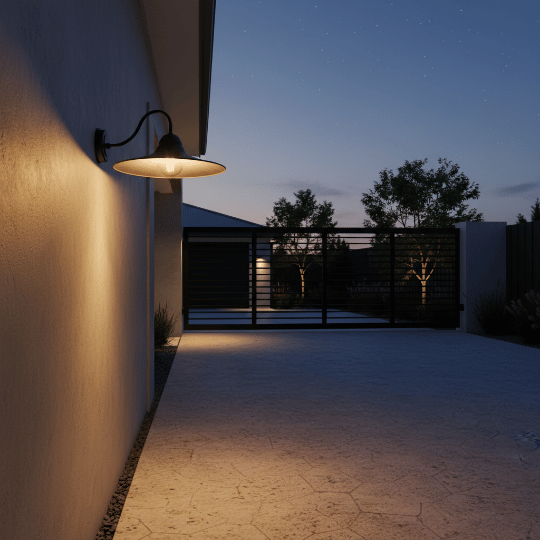 Black gooseneck barn light mounted on an exterior wall, lighting a driveway at dusk.