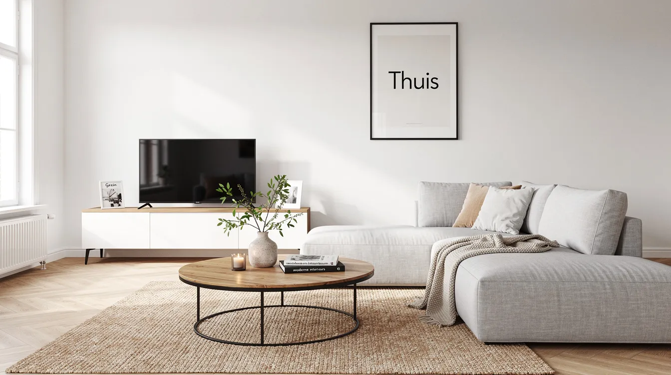 Een moderne woonkamer met een ronde salontafel op een vloerkleed, geplaatst bij een comfortabele hoekbank. De salontafel heeft een ideale hoogte die perfect past bij de zithoogte van de bank, waardoor een gezellige sfeer ontstaat in de ruimte.