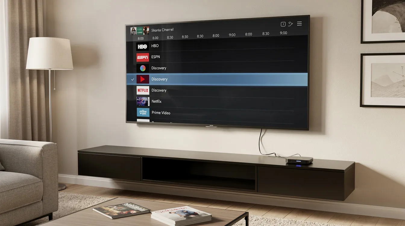 The image shows a cozy living room featuring a smart TV displaying a channel guide, alongside a streaming device placed on an entertainment shelf, highlighting the convenience of IPTV services for UK viewers. The setup suggests easy access to live TV channels and on-demand content, perfect for enjoying premium quality entertainment.