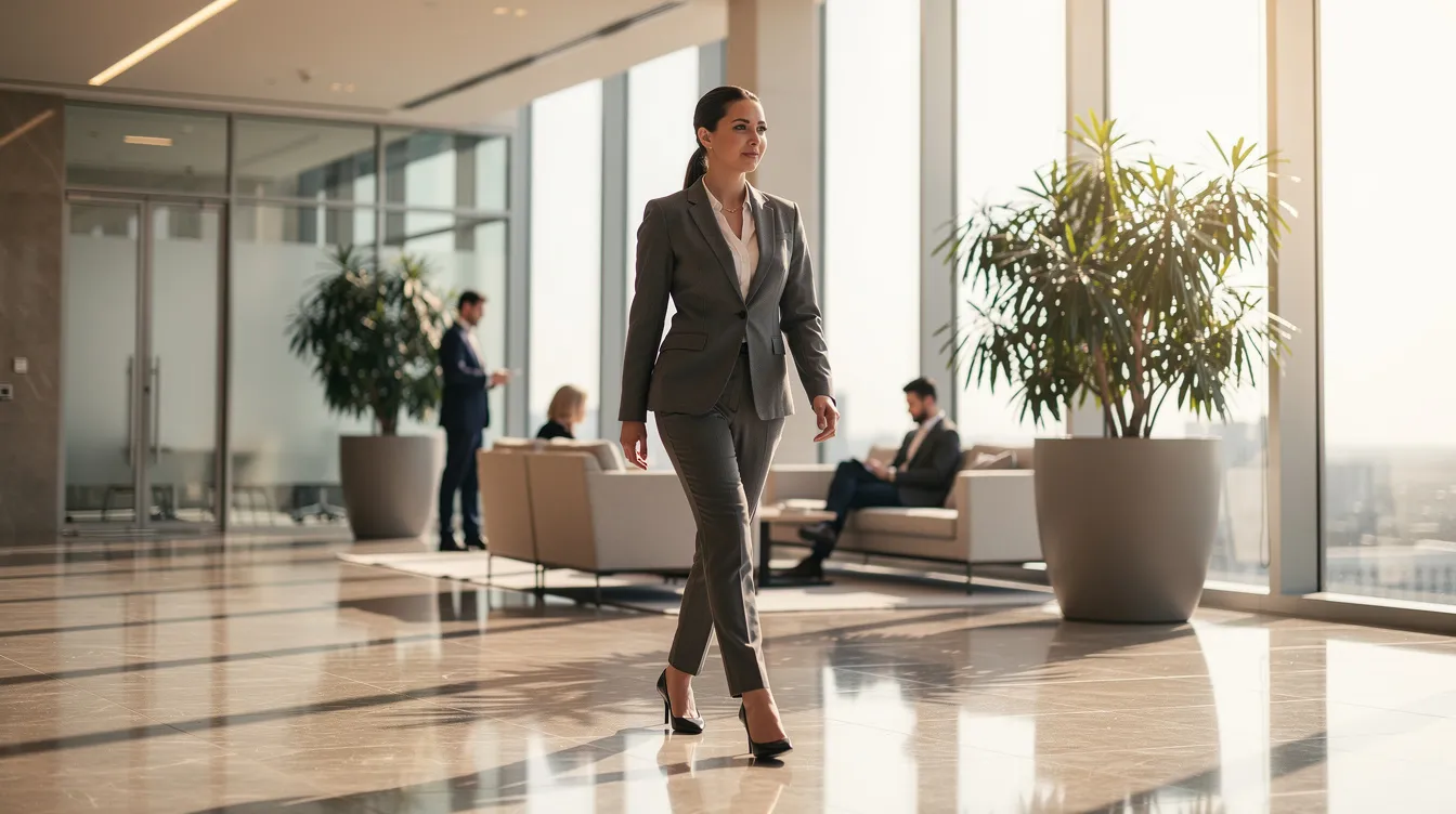 The image depicts a professional dressed in business attire, confidently walking through a sleek, modern office lobby with large glass windows and contemporary furnishings. This setting reflects a corporate environment where individuals, including non-EEA nationals, may navigate their employment permits and immigration permissions.