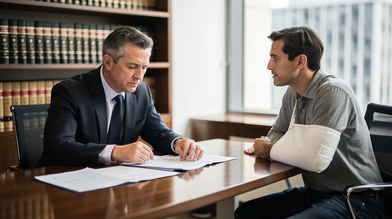 In a modern law office, an experienced attorney in a suit reviews documents with an injured client wearing a sling, creating a serious yet supportive atmosphere. This scene highlights the importance of legal support for bus accident victims as they navigate the complexities of bus accident claims and seek fair compensation for their medical expenses and lost wages.