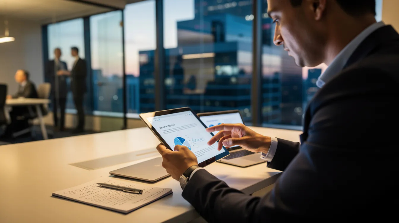 A business professional is intently reviewing documents on a tablet device, likely using invoicing software to manage customer invoices and track payments. The scene suggests a focus on creating professional invoices and monitoring outstanding invoices for effective cash flow management.
