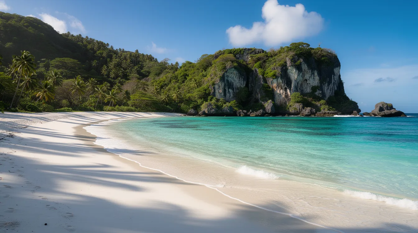 Imagem de uma praia de areia branca com águas cristalinas em tons de azul turquesa, cercada por falésias verdes ao fundo, representando um cenário paradisíaco típico do Caribe, como os encontrados em Curaçao. Essa paisagem é ideal para turistas em busca de férias relaxantes e experiências de mergulho na rica vida marinha da região.
