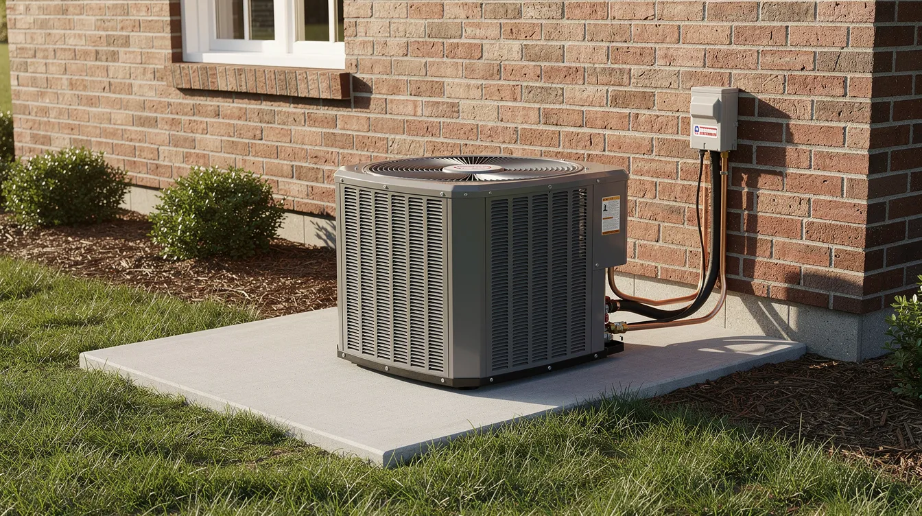 An outdoor AC condenser unit is installed on a concrete pad next to a brick home, showcasing a central air conditioning system designed for energy efficiency. This air conditioning unit is part of an HVAC system that helps regulate indoor temperatures and control humidity, potentially leading to lower energy bills.