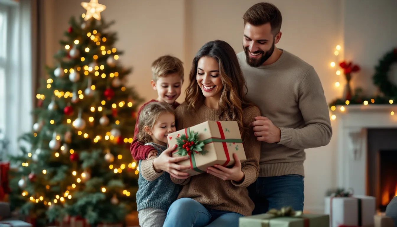 A joyful mom is surrounded by her kids and husband during the holiday season, consider gifts also for mother's day like a cozy blanket for her bed