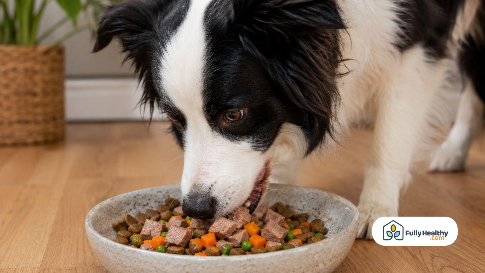 Border Collie eating lamb and kibble from feeding bowl