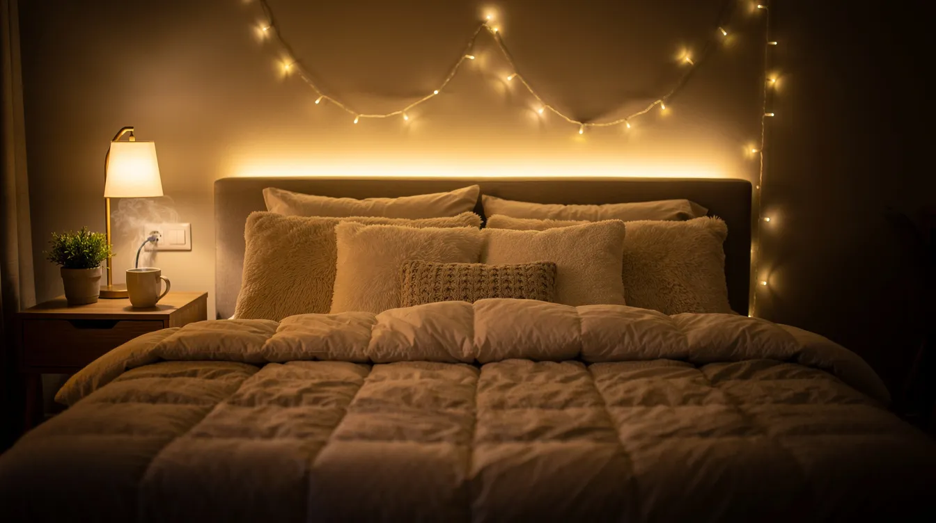 The image depicts a cozy, dimly lit bedroom adorned with soft pillows and warm ambient lighting, creating an inviting atmosphere for relaxation and intimacy. The setting suggests a perfect space for exploring sensual experiences, perhaps featuring various sex toys like vibrating anal beads or butt plugs, designed for pleasure and comfort.