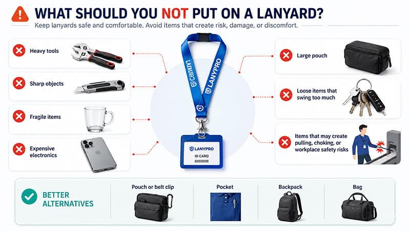 Items not recommended for lanyards, including heavy tools, sharp objects, fragile items, expensive electronics, and bulky pouches.
