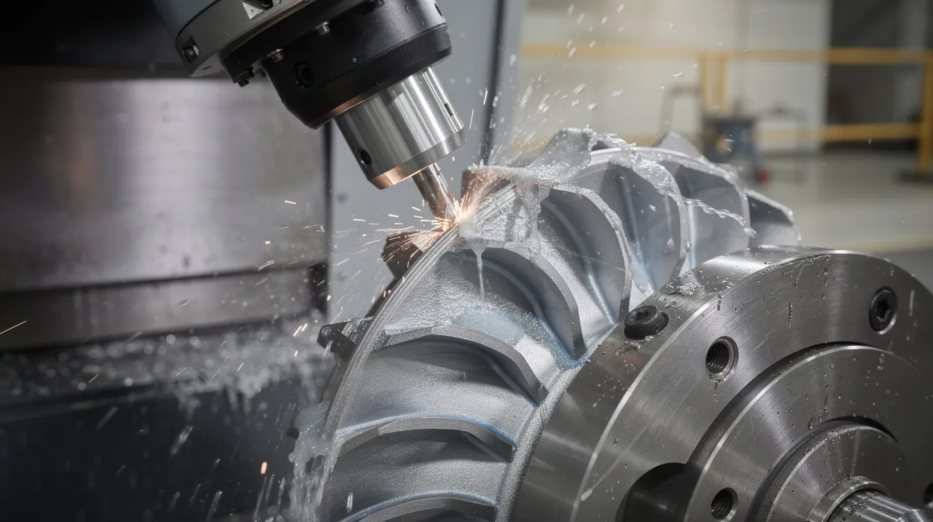 The image depicts a five-axis CNC machining center actively working on a titanium turbine component, showcasing advanced CNC machining technology. The scene highlights the precision and complexity involved in the machining process, essential for producing high-quality aerospace components.