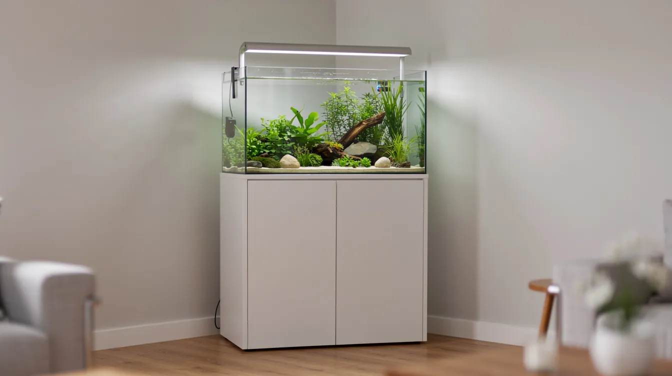 The image shows a well-placed fish tank on a tall closed-front cabinet in the corner of a tidy apartment, designed to be out of reach from curious cats. The ultra clear glass aquarium showcases colorful fish, providing a safe environment for both pets and the fish, while the secure lid prevents any accidental access.