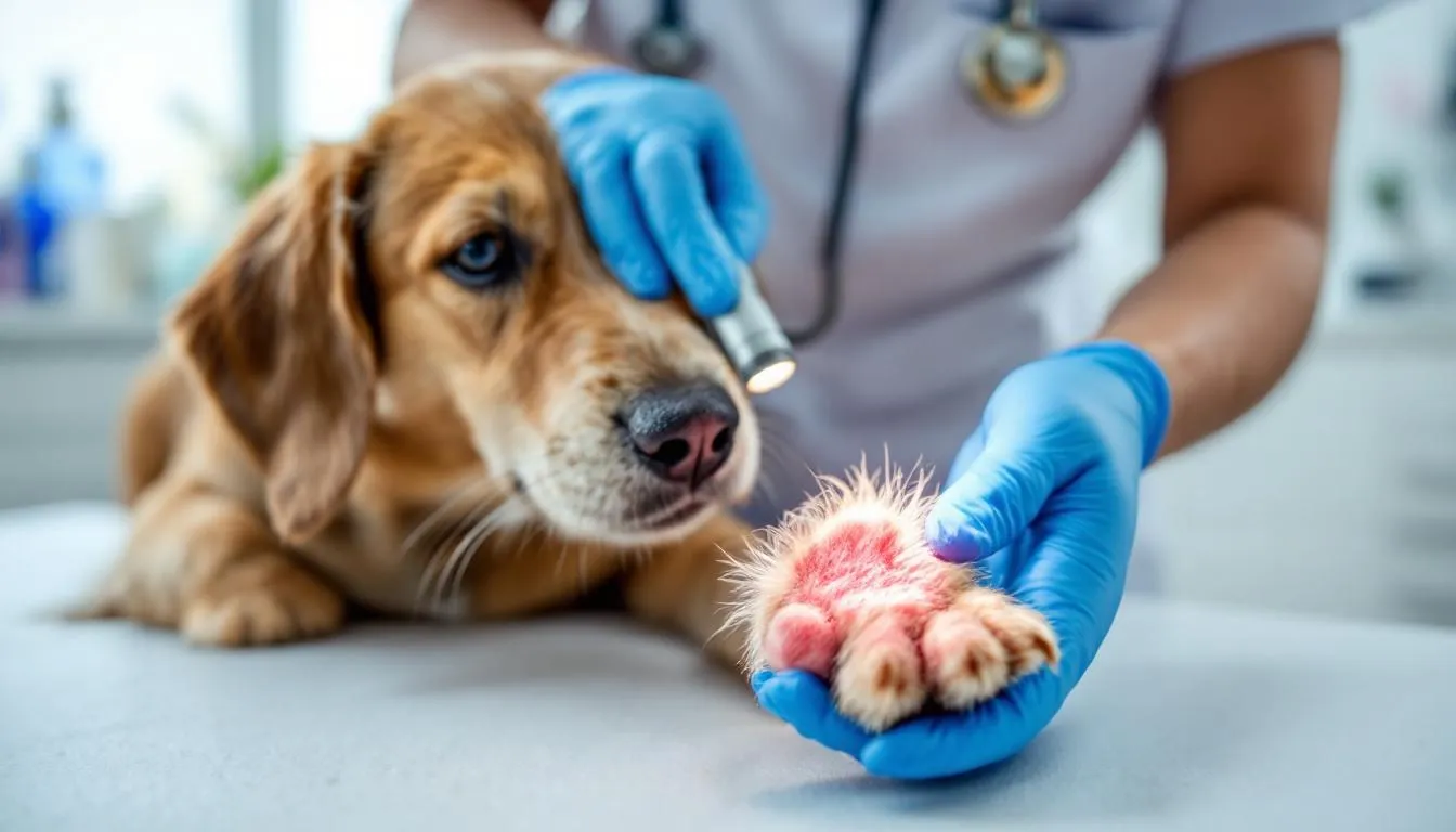 A veterinarian wearing disposable gloves is examining a dog