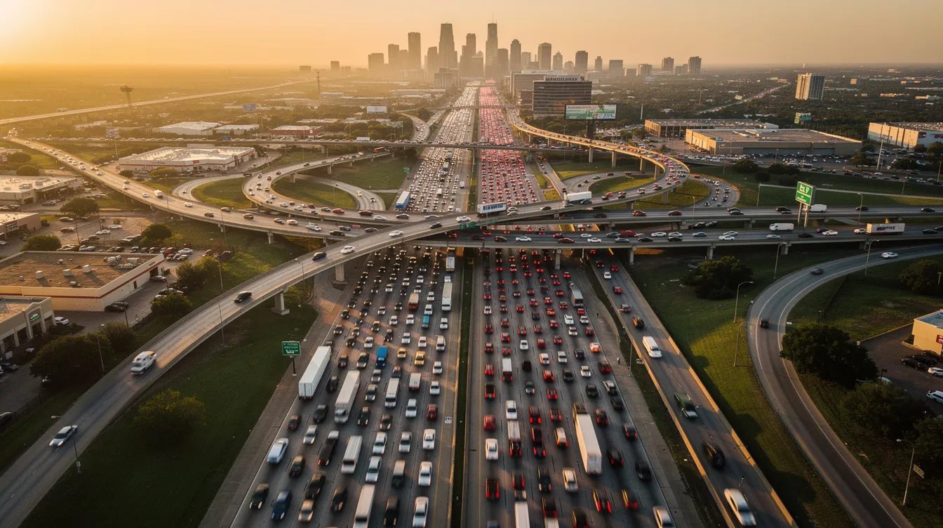 An aerial view captures a busy Houston freeway interchange filled with heavy traffic during rush hour, showcasing the hustle and bustle of the city. This scene highlights the importance of having an experienced personal injury attorney in Houston, as motor vehicle accidents can occur in such congested areas, leading to potential personal injury claims and the need for legal representation.