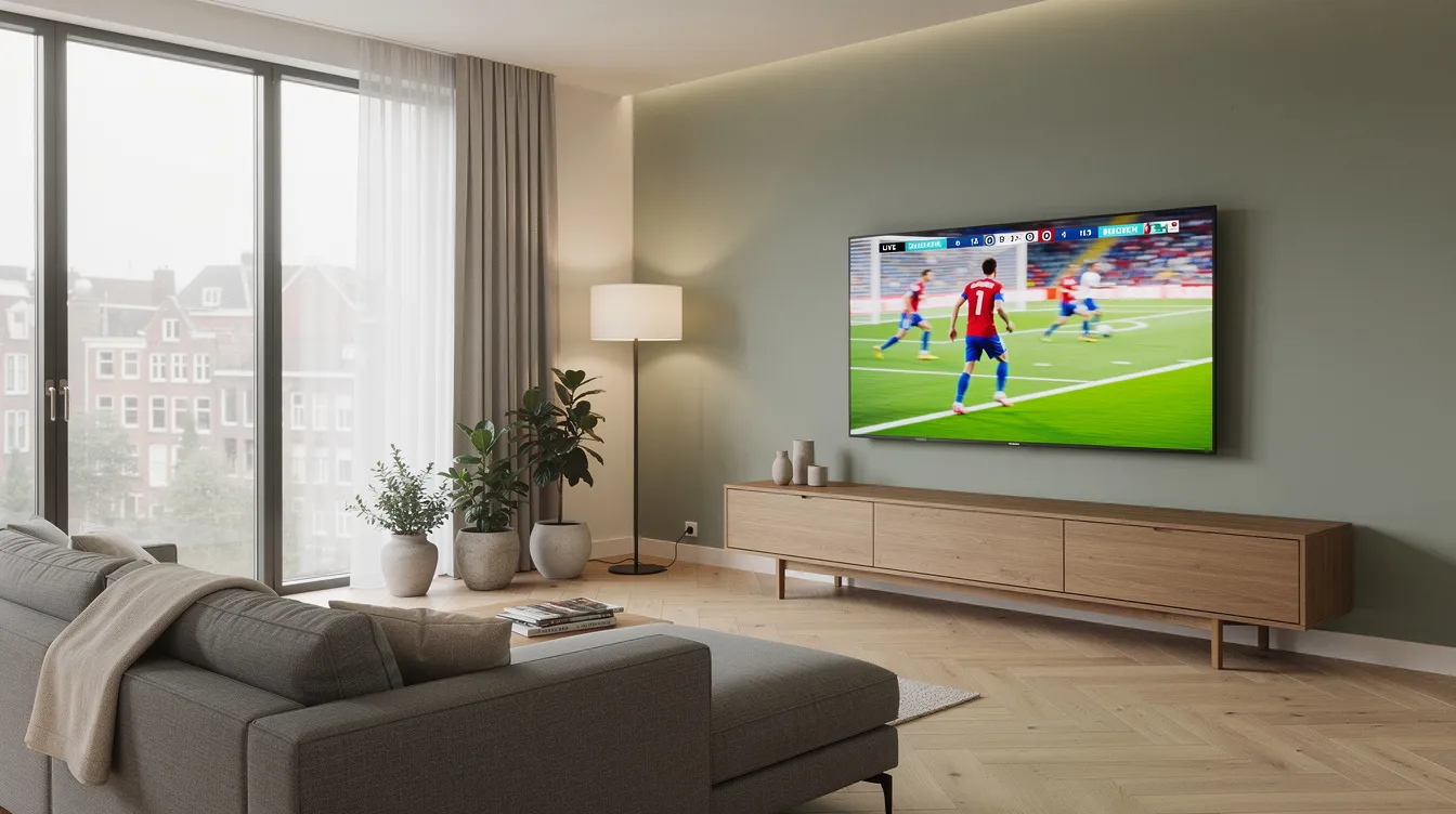 Een moderne Nederlandse woonkamer met een grote flatscreen televisie die een kleurrijke sportuitzending toont. De ruimte is stijlvol ingericht en biedt een comfortabele sfeer voor het genieten van live sport, mogelijk gemaakt door een IPTV abonnement.