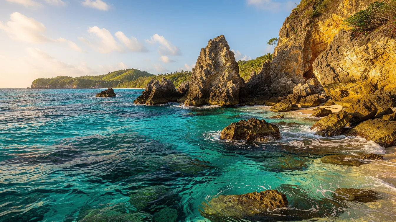 A imagem mostra a costa caribenha de Curaçao, com formações rochosas imponentes e águas azul turquesa, vistas do nível do mar. Essa paisagem deslumbrante é um convite para férias em praias paradisíacas, onde turistas podem desfrutar de experiências únicas em um dos destinos mais belos do Caribe.