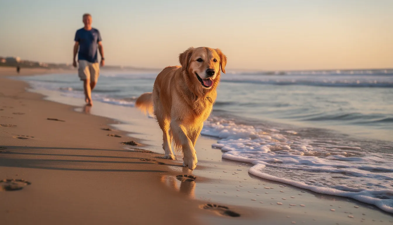 A golden retriever happily walks along a sandy beach near the water, with its owner visible in the background enjoying the sunny day. This image evokes a sense of joy and companionship, perfect for those considering pet friendly hotels in Hampton, VA, where furry friends are always welcome.