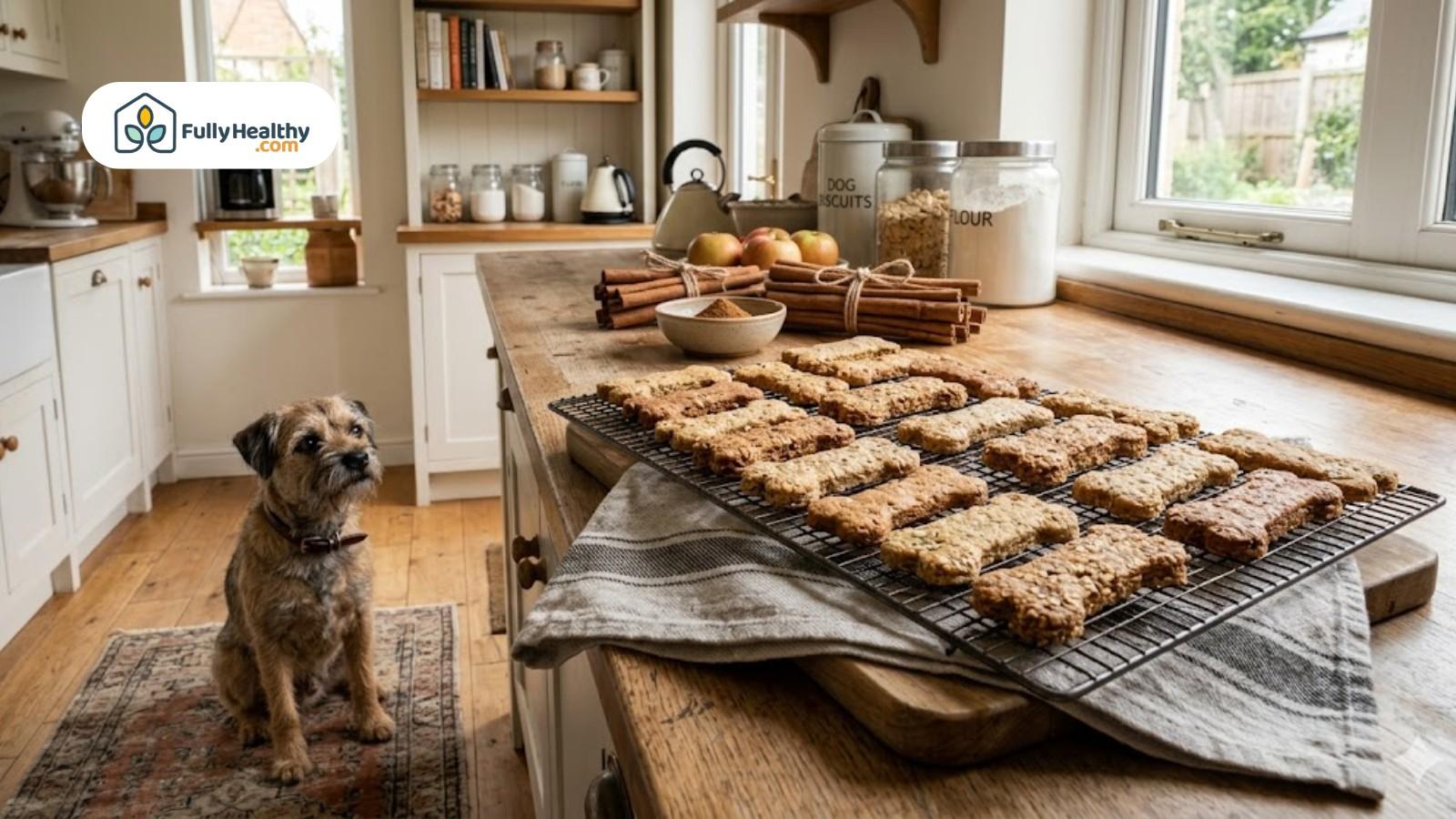 Cooling rack filled with homemade dog treats while small dog watches