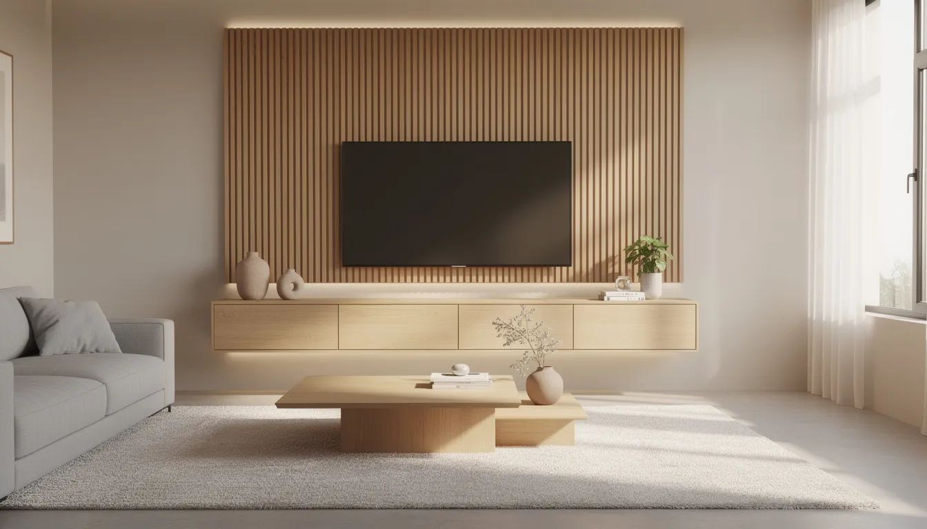 Een moderne woonkamer met een stijlvol wandpaneel achter de televisie en een zwevend tv meubel in eikenhout, die een gezellige sfeer en exclusieve uitstraling creëert. De combinatie van materialen en de strakke afwerking zorgen voor een harmonieus geheel dat perfect past bij jouw interieurstijl.