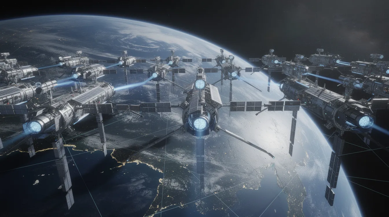 The image depicts a futuristic satellite array positioned in space, with Earth visible in the background, showcasing the advanced GPS technology used for global positioning systems. This satellite system is essential for providing GPS signals that enable precise navigation and tracking for various applications, including military and civilian use.