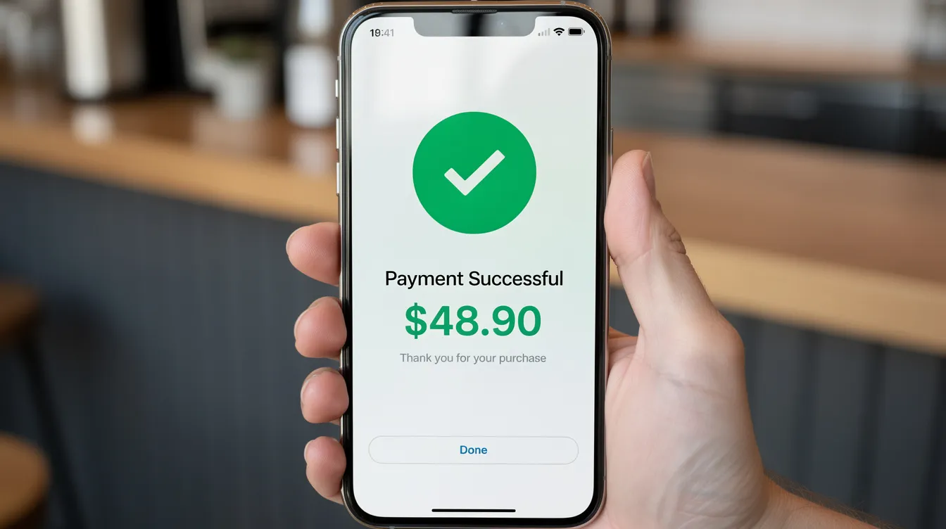 The image shows a smartphone screen with a successful payment notification, featuring a prominent green checkmark, indicating that funds have been successfully transferred. This reflects the convenience and reliability of using mobile wallet transfers for sending money online, especially for overseas Pakistanis.