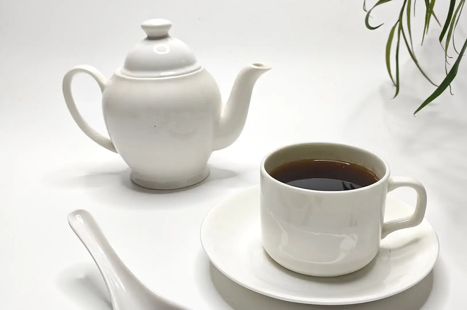 A clean, minimalist high-key photograph features a white ceramic tea set arranged on a solid white surface. In the foreground, a white teacup filled with dark tea sits on its matching saucer next to the handle of a white ceramic spoon. A classic white ceramic teapot with a rounded lid rests in the background, complemented by the delicate green leaves of a houseplant peeking into the frame from the upper right corner.