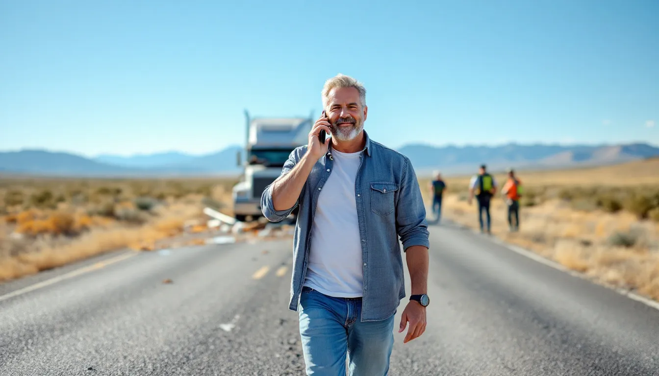 A person is walking away from a truck accident scene in scenic New Mexico, with police officers in the background. They are on the phone, likely calling a truck accident lawyer to seek legal assistance, expressing gratitude for their survival after the incident.