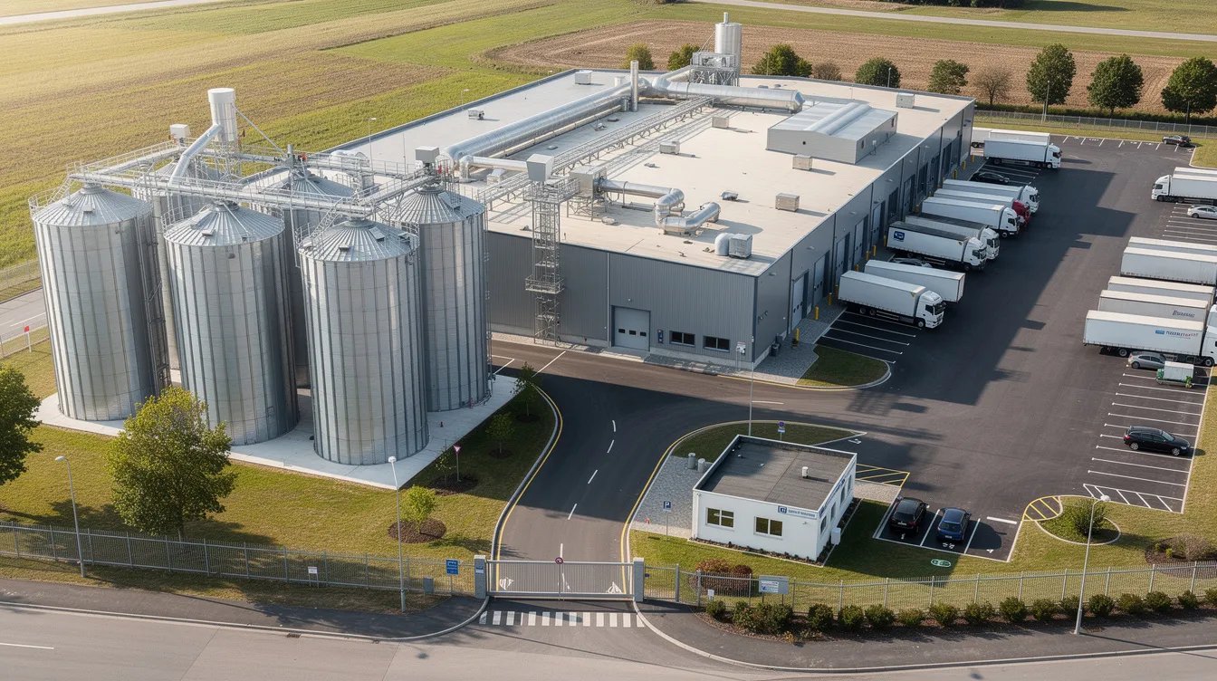 An aerial view captures a medium-scale industrial food processing plant, featuring large storage silos and designated loading areas, indicative of operations involved in the manufacturing process of pea protein concentrate. This facility is likely engaged in the extraction of high-quality plant-based proteins, such as pea protein isolate, to meet the rising demand for functional foods and sports nutrition products.