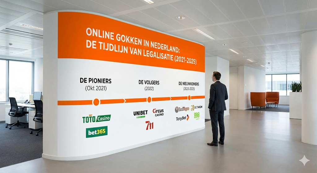 Tijdlijn van online gokken in Nederland met legalisatie sinds 1 oktober 2021, overzicht van legale online casino’s zoals TOTO Casino, bet365, Unibet en Circus Casino met Nederlandse vergunning van de Nederlandse Kansspelautoriteit, groei van het aantal legale aanbieders op de Nederlandse markt en toezicht volgens de Wet kansspelen tegen illegale casino’s en illegale goksites